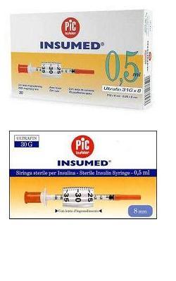 SIRINGA PER INSULINA PIC INSUMED 0,5 ML 100 UI AGO GAUGE 30 LUNGHEZZA 8 MM SENZA SPAZIO MORTO 3 SACCHETTI DA 10 PEZZI - Farmapre