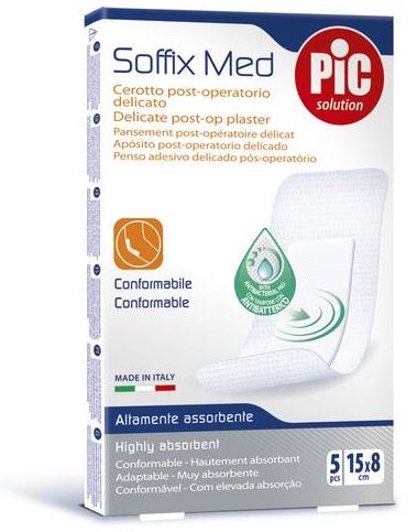 CEROTTO PIC SOFFIX MED IN TNT CON TAMPONE CENTRALE ASSORBENTE STERILE MONOUSO 15X8 CM ANTIBATTERICO 5 PEZZI - Farmapre