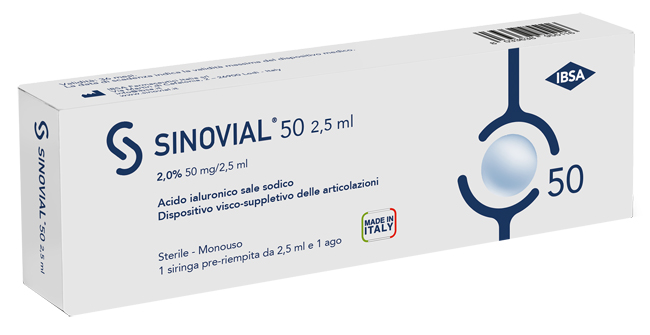 SIRINGA INTRA-ARTICOLARE SINOVIAL 50 ACIDO IALURONICO SALE SODICO 2% 50MG/2,5ML 2,5ML + AGO 21 GAUGE - Farmapre