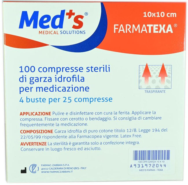 GARZA COMPRESSA IDROFILA MEDS FARMATEXA 2/8 10X10CM 100 PEZZI - Farmapre