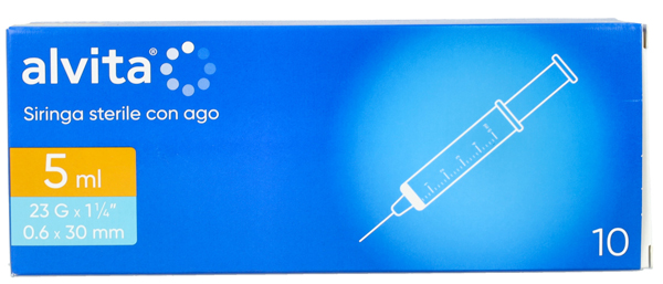 SIRINGA PER INFUSIONE E IRRIGAZIONE ALVITA 5 ML CON AGO 23 GAUGE 1 1/4 0,6X30MM 10 PEZZI - Farmapre