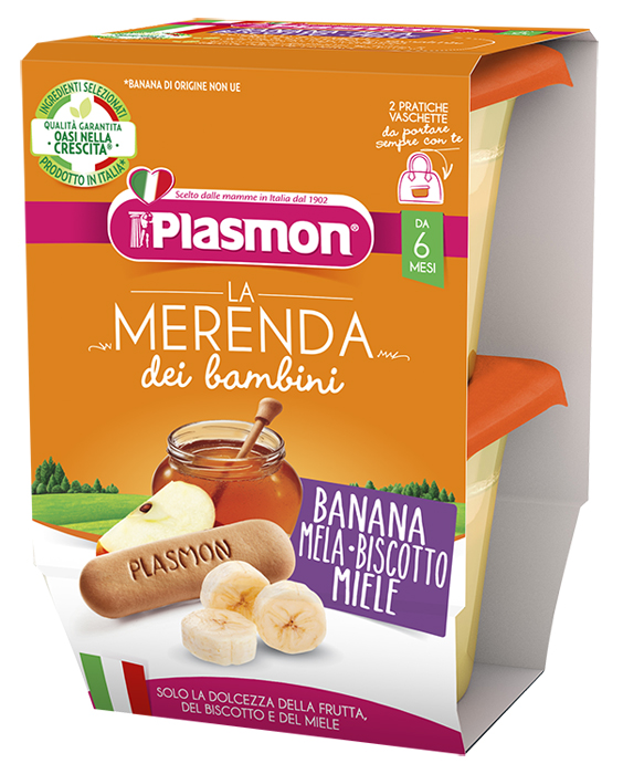 PLASMON LA MERENDA DEI BAMBINI MERENDE BANANA MELA BISCOTTO MIELE ASETTICO 2 X 120 G - Farmapre