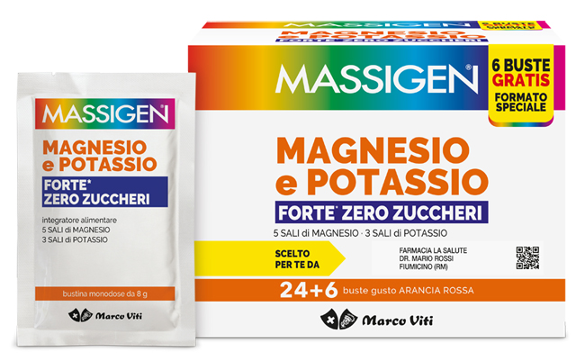 MASSIGEN MAGNESIO POTASSIO FORTE ZERO ZUCCHERO 24 BUSTINE + 6 BUSTINE - Farmapre
