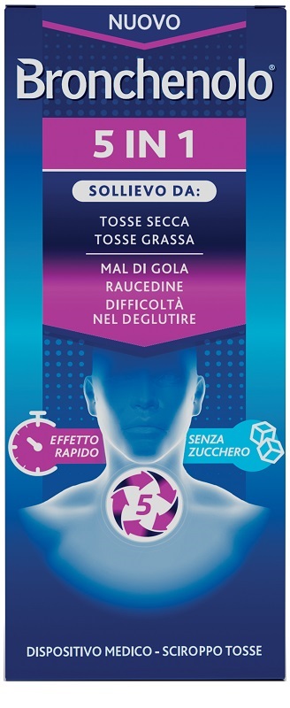 BRONCHENOLO 5 IN 1 SCIROPPO TOSSE 120 ML SENZA ZUCCHERO, ALCOL, LATTOSIO, GLUTINE, COLORANTI ARTIFICIALI E OGM - Farmapre