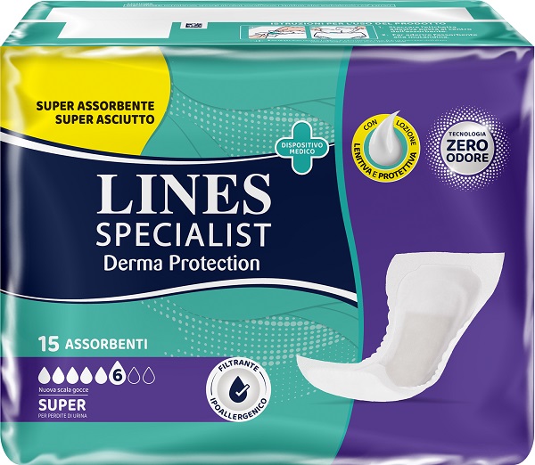 PANNOLONE PER INCONTINENZA LINES SPECIALIST DERMA PROTECTION SAGOMATO ANATOMICO SUPER 15 PEZZI - Farmapre