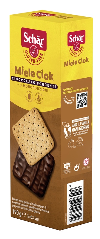SCHAR MIELE CIOK BISCOTTI AL MIELE RICOPERTI DI CIOCCOLATO FONDENTE 3 PORZIONI DA 63,5 G - Farmapre