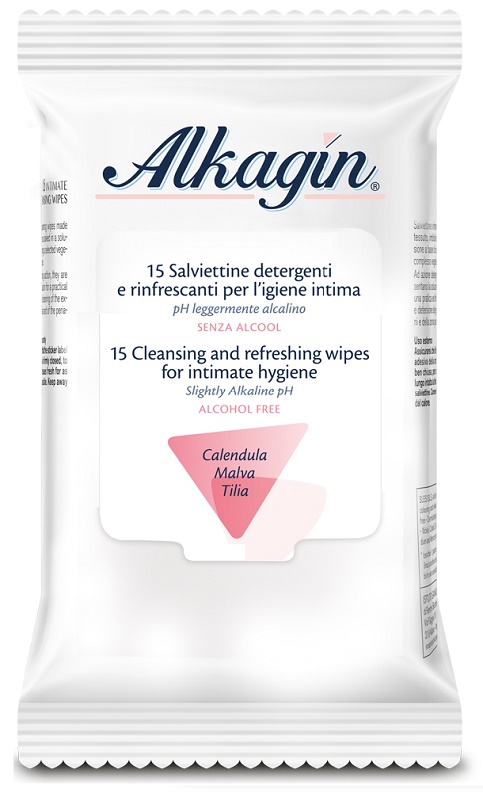 ALKAGIN SALVIETTINE DETERGENTI E RINFRESCANTI PER L'IGIENE INTIMA PH LEGGERMENTE ALCALINO SENZA ALCOOL 15 PEZZI CALENDULA MALVA E TILIA - Farmapre