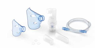 SOFFIO CUBE KIT ACCESSORI RICAMBIO CON AMPOLLA, BOCCAGLIO E FOCELLA NASALE, MASCHERA PEDIATRICA E ADULTI, TUBELLO E FILTRI DI RICAMBIO E BORSA PORTA ACCESSORI - Farmapre