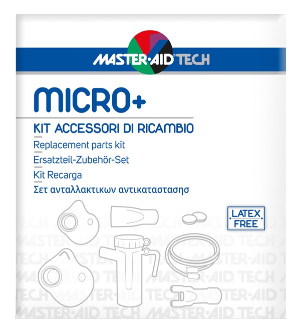 MASTER AID TECH MICRO+ KIT ACCESSORI DI RICAMBIO: AMPOLLA + MASCHERA ADULTI + MASCHERA BAMBINI + 2 FILTRI ARIA + BOCCAGLIO + FORCELLA NASALE + TUBO RACCORDO PVC - Farmapre