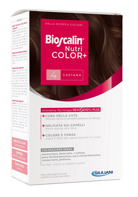 BIOSCALIN NUTRICOLOR PLUS 4 CASTANO CREMA COLORANTE 40 ML + RIVELATORE CREMA 60 ML + SHAMPOO 12 ML + TRATTAMENTO FINALE BALSAMO 12 ML - Farmapre