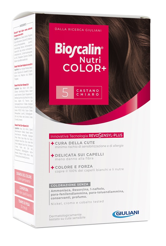 BIOSCALIN NUTRICOLOR PLUS 5 CASTANO CHIARO CREMA COLORANTE 40 ML + RIVELATORE CREMA 60 ML + SHAMPOO 12 ML + TRATTAMENTO FINALE BALSAMO 12 ML - Farmapre