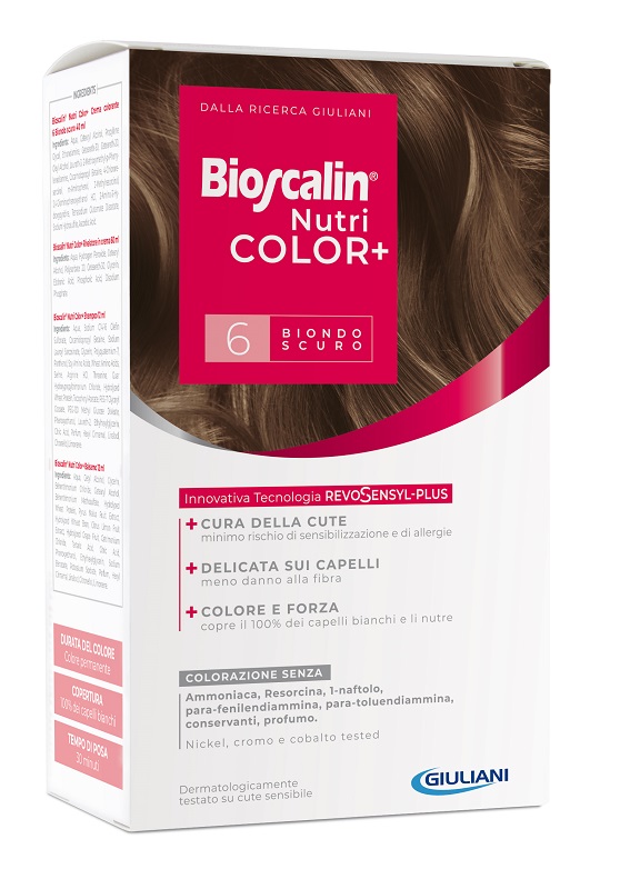 BIOSCALIN NUTRICOLOR PLUS 6 BIONDO SCURO CREMA COLORANTE 40 ML + RIVELATORE CREMA 60 ML + SHAMPOO 12 ML + TRATTAMENTO FINALE BALSAMO 12 ML - Farmapre