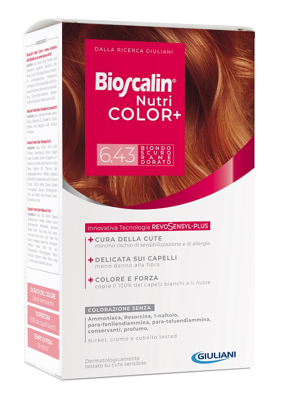 BIOSCALIN NUTRICOLOR PLUS 6,43 BIONDO SCURO RAME DORATO CREMA COLORANTE 40 ML + RIVELATORE CREMA 60 ML + SHAMPOO 12 ML + TRATTAMENTO FINALE BALSAMO 12 ML - Farmapre