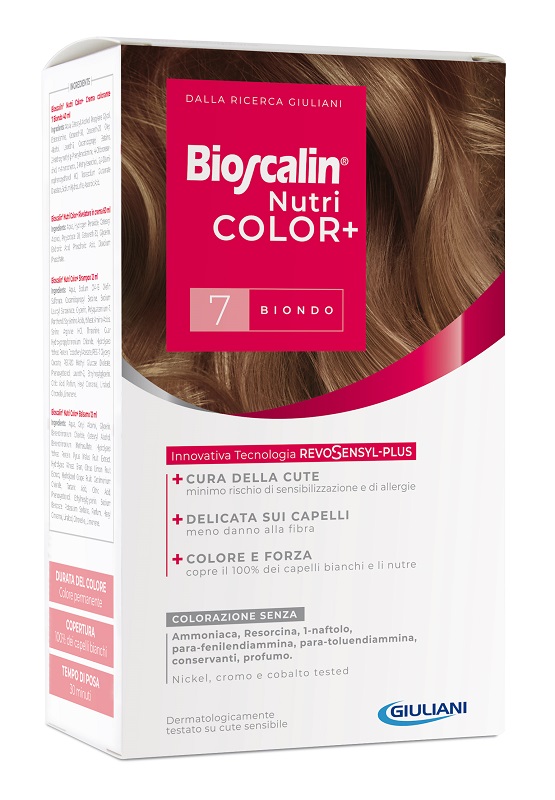 BIOSCALIN NUTRICOLOR PLUS 7 BIONDO CREMA COLORANTE 40 ML + RIVELATORE CREMA 60 ML + SHAMPOO 12 ML + TRATTAMENTO FINALE BALSAMO 12 ML - Farmapre
