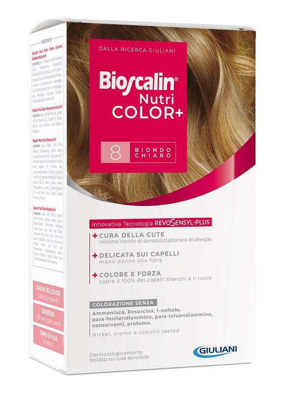 BIOSCALIN NUTRICOLOR PLUS 8 BIONDO CHIARO CREMA COLORANTE 40 ML + RIVELATORE CREMA 60 ML + SHAMPOO 12 ML + TRATTAMENTO FINALE BALSAMO 12 ML - Farmapre