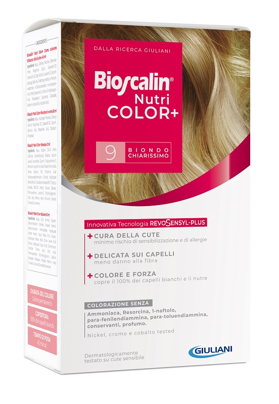 BIOSCALIN NUTRICOLOR PLUS 9 BIONDO CHIARISSIMO CREMA COLORANTE 40 ML + RIVELATORE CREMA 60 ML + SHAMPOO 12 ML + TRATTAMENTO FINALE BALSAMO 12 ML - Farmapre