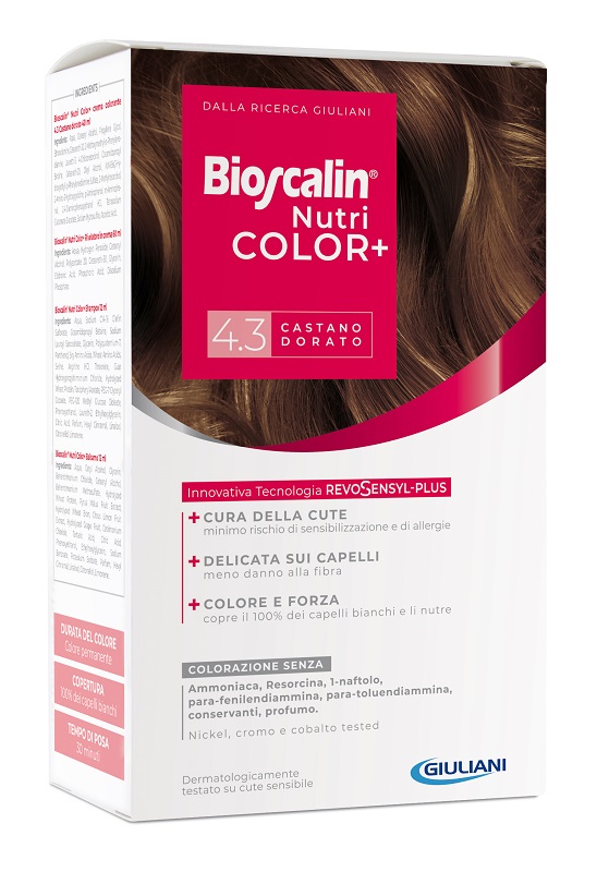 BIOSCALIN NUTRICOLOR PLUS 4,3 CASTANO DORATO CREMA COLORANTE 40 ML + RIVELATORE CREMA 60 ML + SHAMPOO 12 ML + TRATTAMENTO FINALE BALSAMO 12 ML - Farmapre