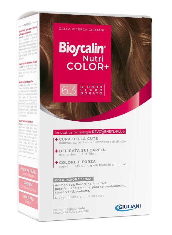 BIOSCALIN NUTRICOLOR PLUS 6,3 BIONDO SCURO DORATO CREMA COLORANTE 40 ML + RIVELATORE CREMA 60 ML + SHAMPOO 12 ML + TRATTAMENTO FINALE BALSAMO 12 ML - Farmapre