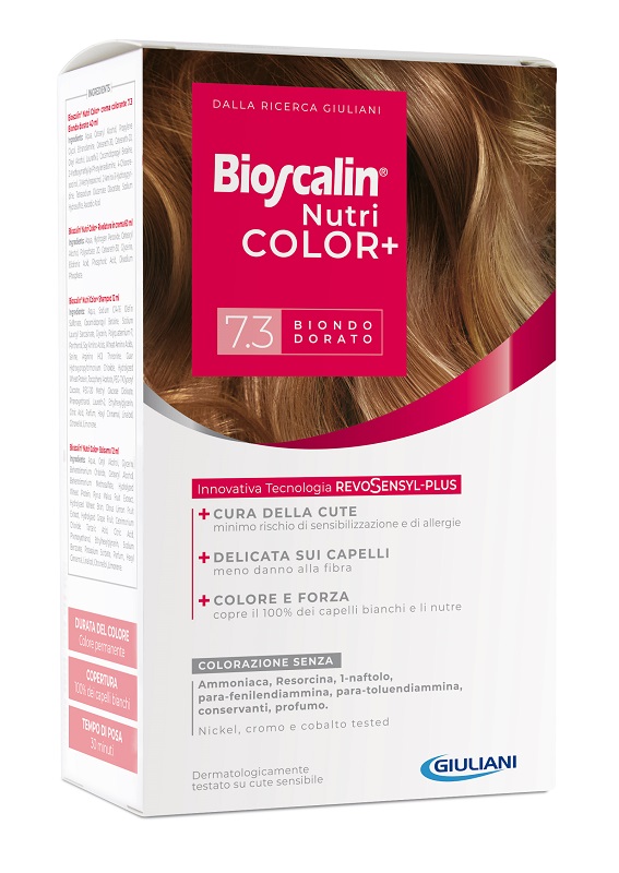 BIOSCALIN NUTRICOLOR PLUS 7,3 BIONDO DORATO CREMA COLORANTE 40 ML + RIVELATORE CREMA 60 ML + SHAMPOO 12 ML + TRATTAMENTO FINALE BALSAMO 12 ML - Farmapre