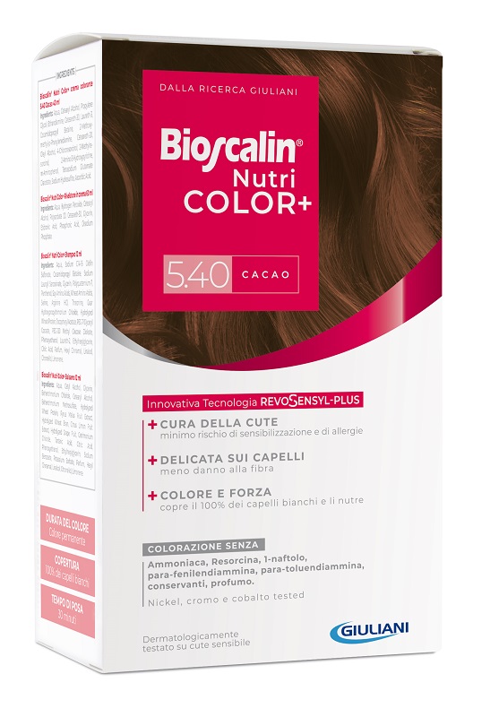 BIOSCALIN NUTRICOLOR PLUS 5,40 CACAO CREMA COLORANTE 40 ML + RIVELATORE CREMA 60 ML + SHAMPOO 12 ML + TRATTAMENTO FINALE BALSAMO 12 ML - Farmapre