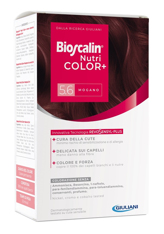 BIOSCALIN NUTRICOLOR PLUS 5,6 MOGANO CREMA COLORANTE 40 ML + RIVELATORE CREMA 60 ML + SHAMPOO 12 ML + TRATTAMENTO FINALE BALSAMO 12 ML - Farmapre