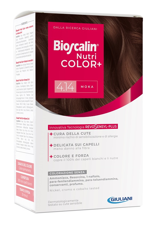BIOSCALIN NUTRICOLOR PLUS 4,14 MOKA CREMA COLORANTE 40 ML + RIVELATORE CREMA 60 ML + SHAMPOO 12 ML + TRATTAMENTO FINALE BALSAMO 12 ML - Farmapre