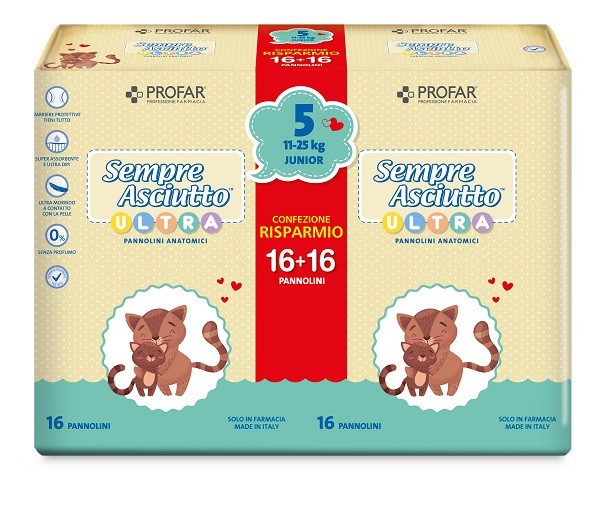PANNOLINI PROFAR SEMPRE ASCIUTTO ULTRA JUNIOR 11/25 KG BIPACCO 16+16 PEZZI - Farmapre