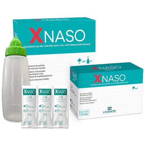 SOLUZIONE SALINA CON PEG 3350 E SALI PER IRRIGAZIONE NASALE XNASO 30 BUSTINE + 1 EROGATORE - Farmapre