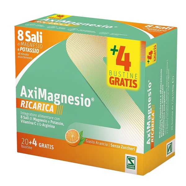 AXIMAGNESIO RICARICA 20 BUSTINE ARANCIA SENZA ZUCCHERI E GLUTINE NATURALMENTE PRIVO DI LATTOSIO - Farmapre