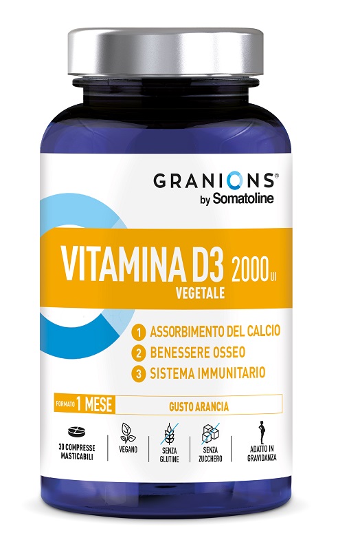 GRANIONS BY SOMATOLINE VITAMINA D3 VEGETALE 2000 UI 30 COMPRESSE MASTICABILI GUSTO ARANCIA SENZA GLUTINE CON EDULCORANTE - Farmapre